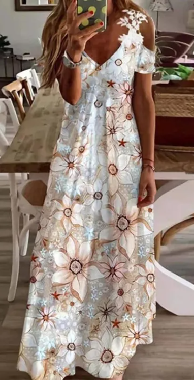V neck short sleeve maxi long dress