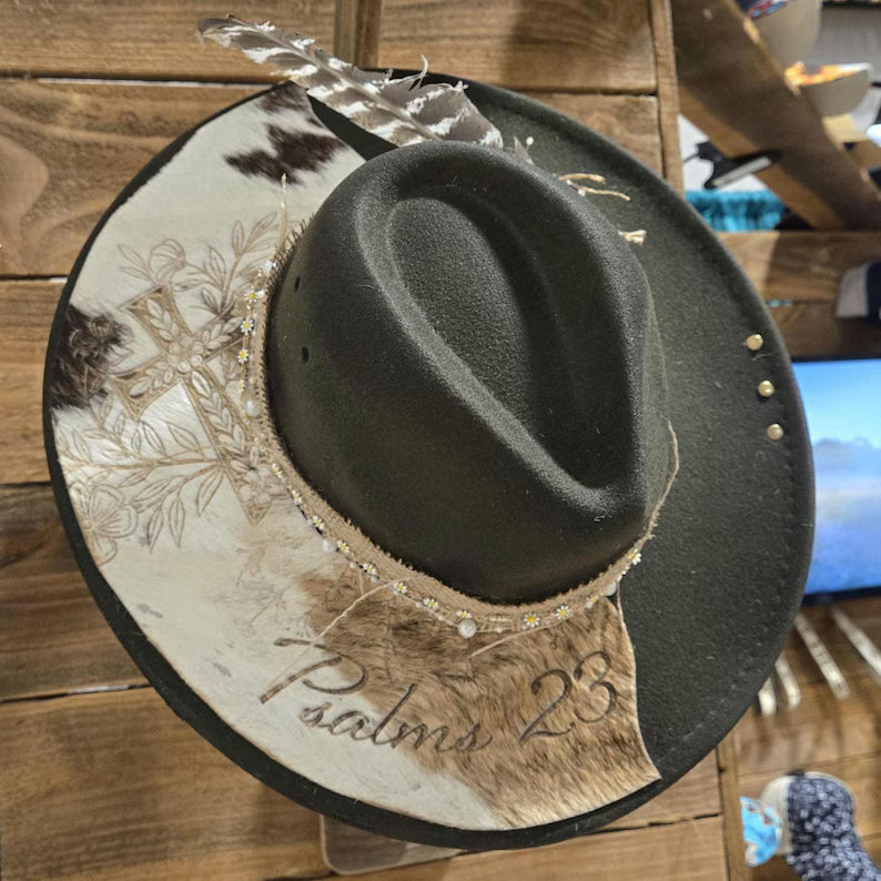 Custom Fedora Hat with Cowhide Brim – Western Boho Style