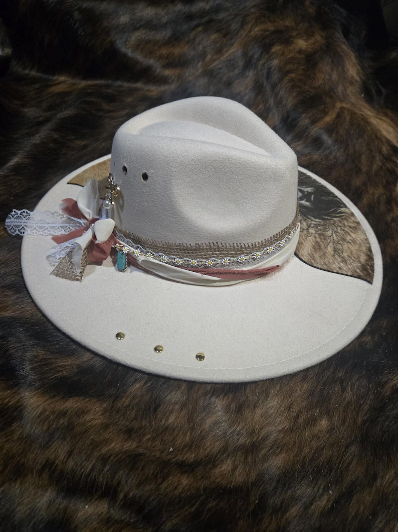 Custom Fedora Hat with Cowhide Brim – Western Boho Style