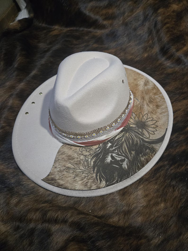 Custom Fedora Hat with Cowhide Brim – Western Boho Style