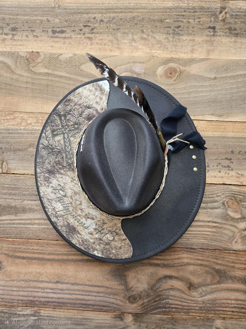 Custom Fedora Hat with Cowhide Brim – Western Boho Style