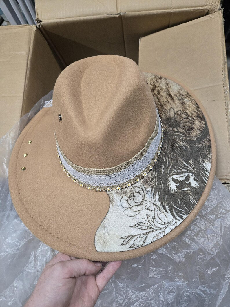 Custom Fedora Hat with Cowhide Brim – Western Boho Style
